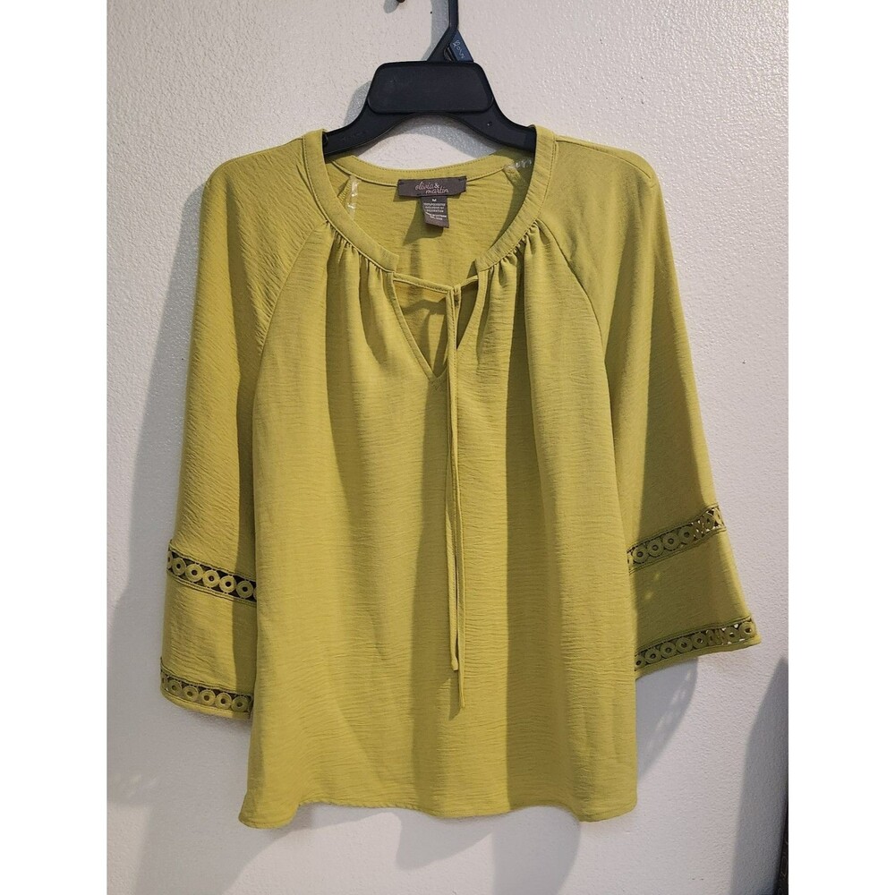 Olivia&Martin Mustard Chartreuse Boho Blouse M Lace Eyelet Sleeve Split Neck Top